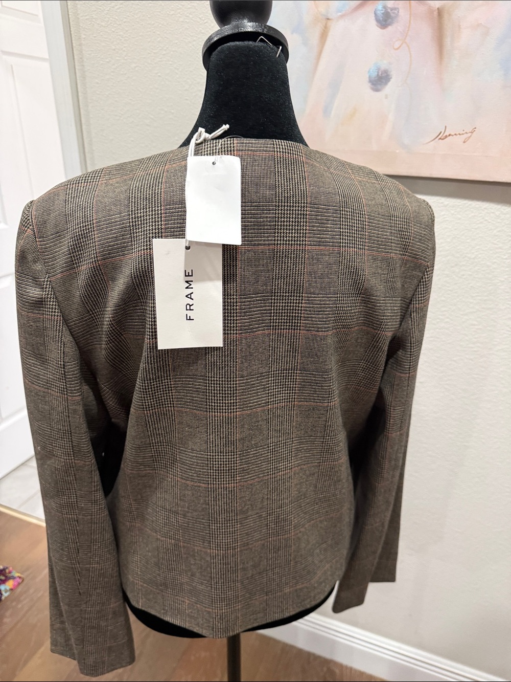 Frame Denim Plaid Collarless Blazer in Brown and Black Checks - Picture 5 of 16